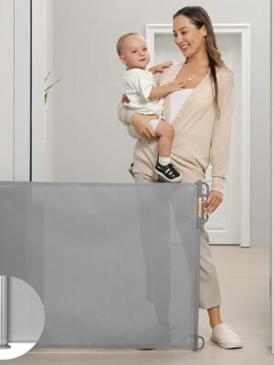 Puerta de seguridad infantil Momcozy para interiores o exteriores 140cm, Gris