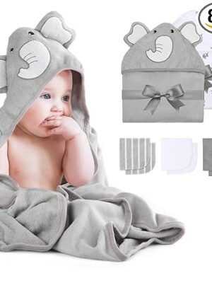 Momcozy Toalla de bebé con capucha de elefante– 8 piezas esenciales de baño, 2 toallas y 6 paños de lavado.
